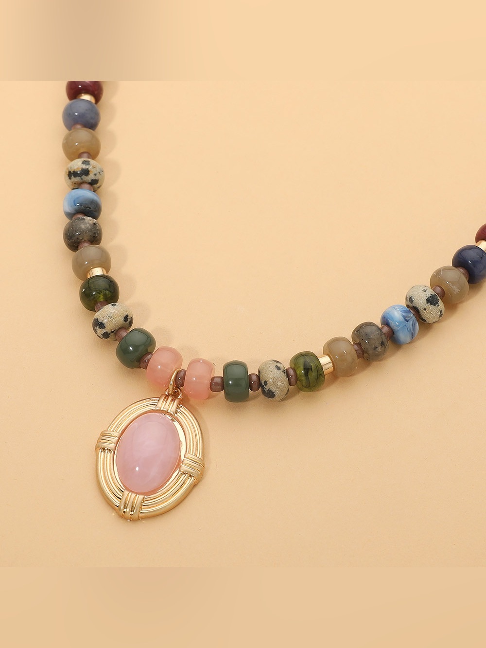 Oval Stone Frame Pendant Accent Natural Stone Beaded Necklace